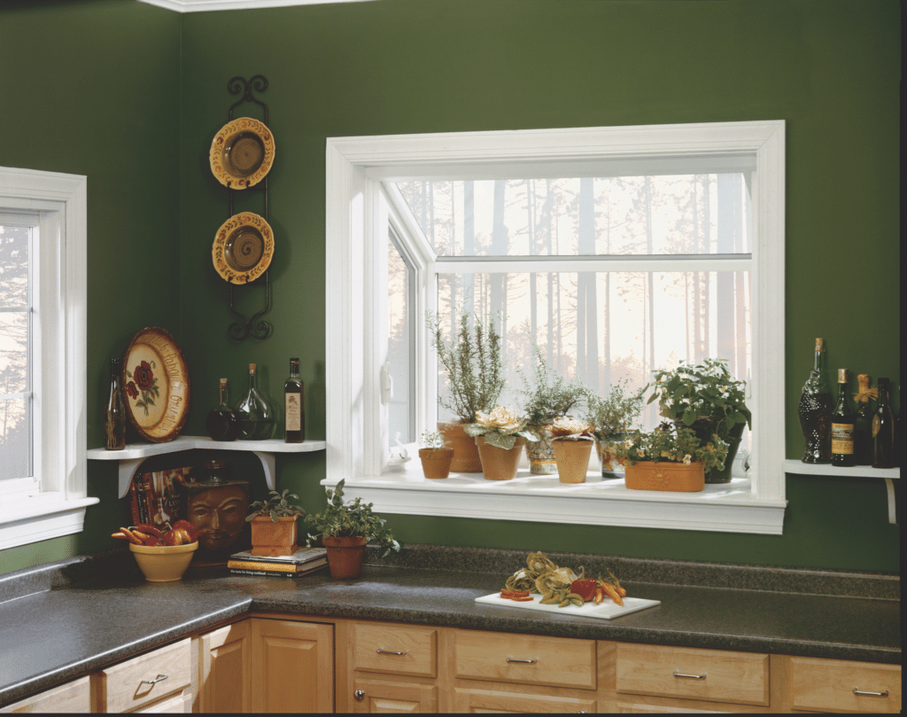 A garden window in a kitchen.